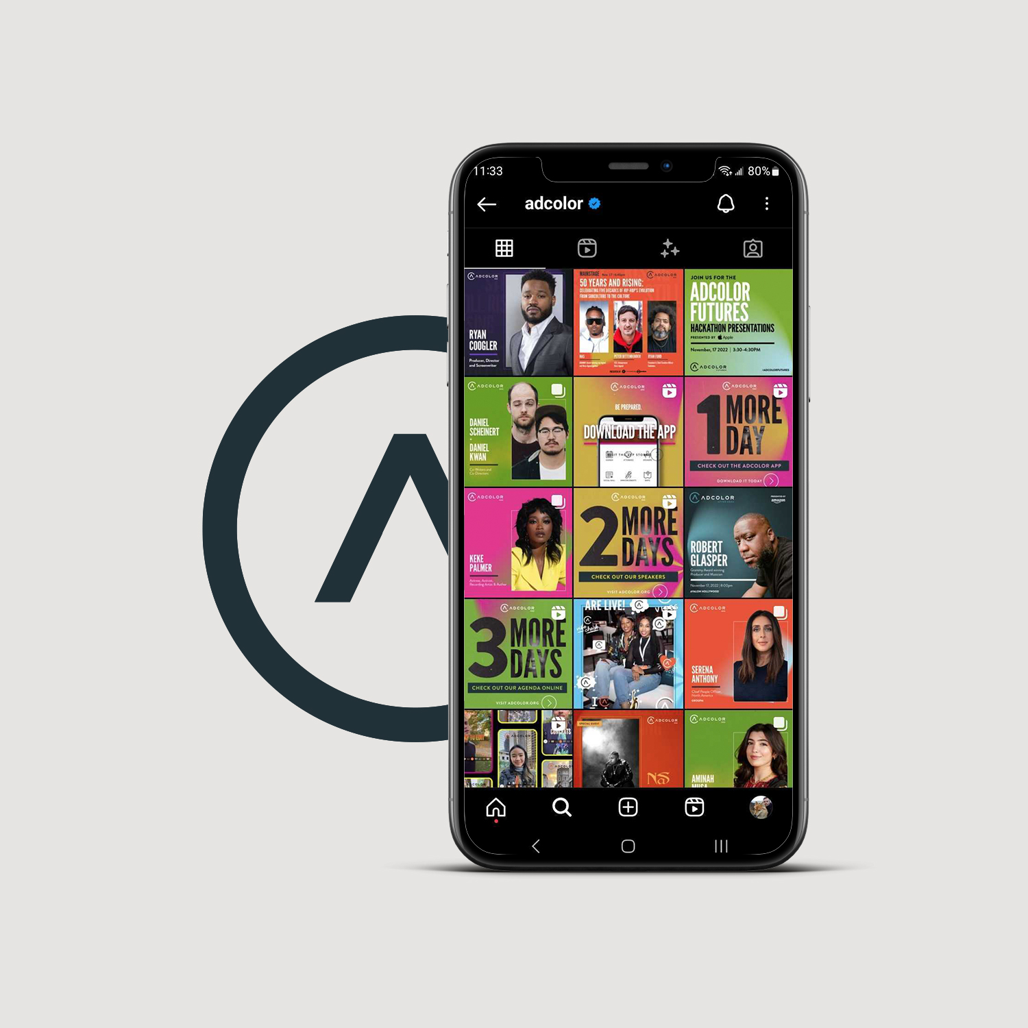 ADCOLOR social media designs on a mobile phone