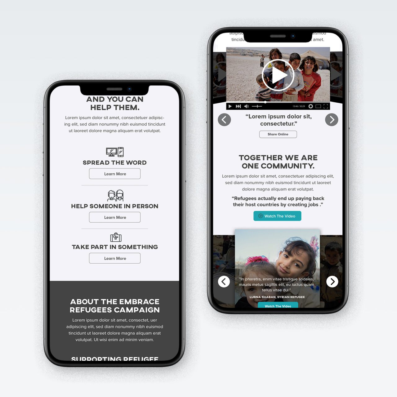 Homepage mobile layout for Embrace Refugees