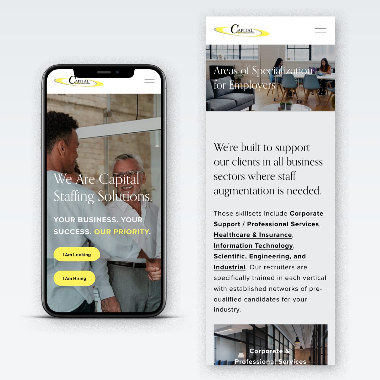 Capital Staffing Solutions homepage and about page