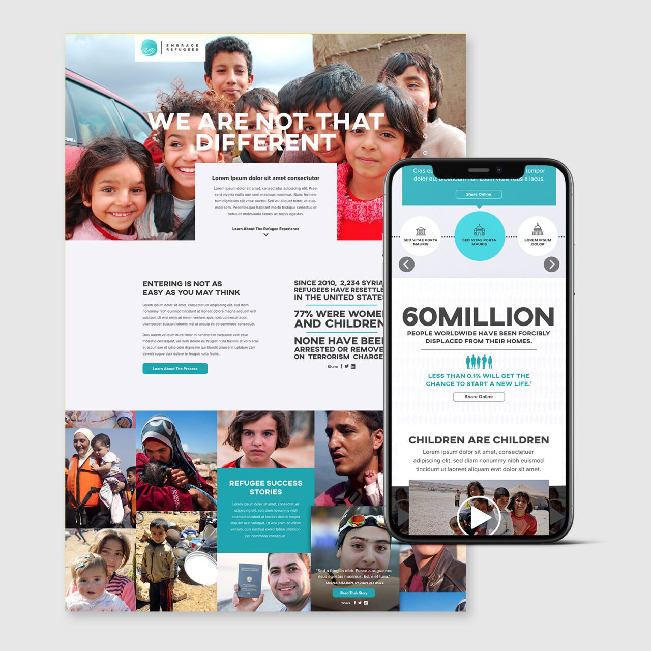 Embrace Refugees website layout on a phone